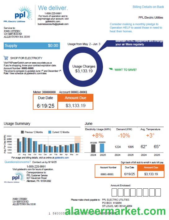 USA PPL Electric utility bill template in Word and PDF formats, version 2